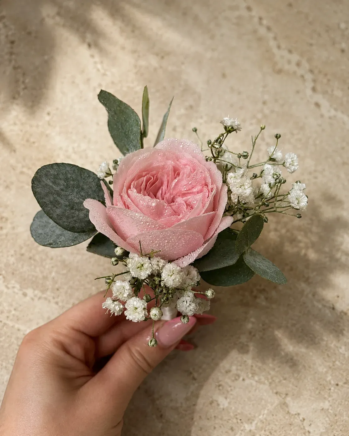 Anstecker mit Rose, Schleierkraut und Eukalyptus