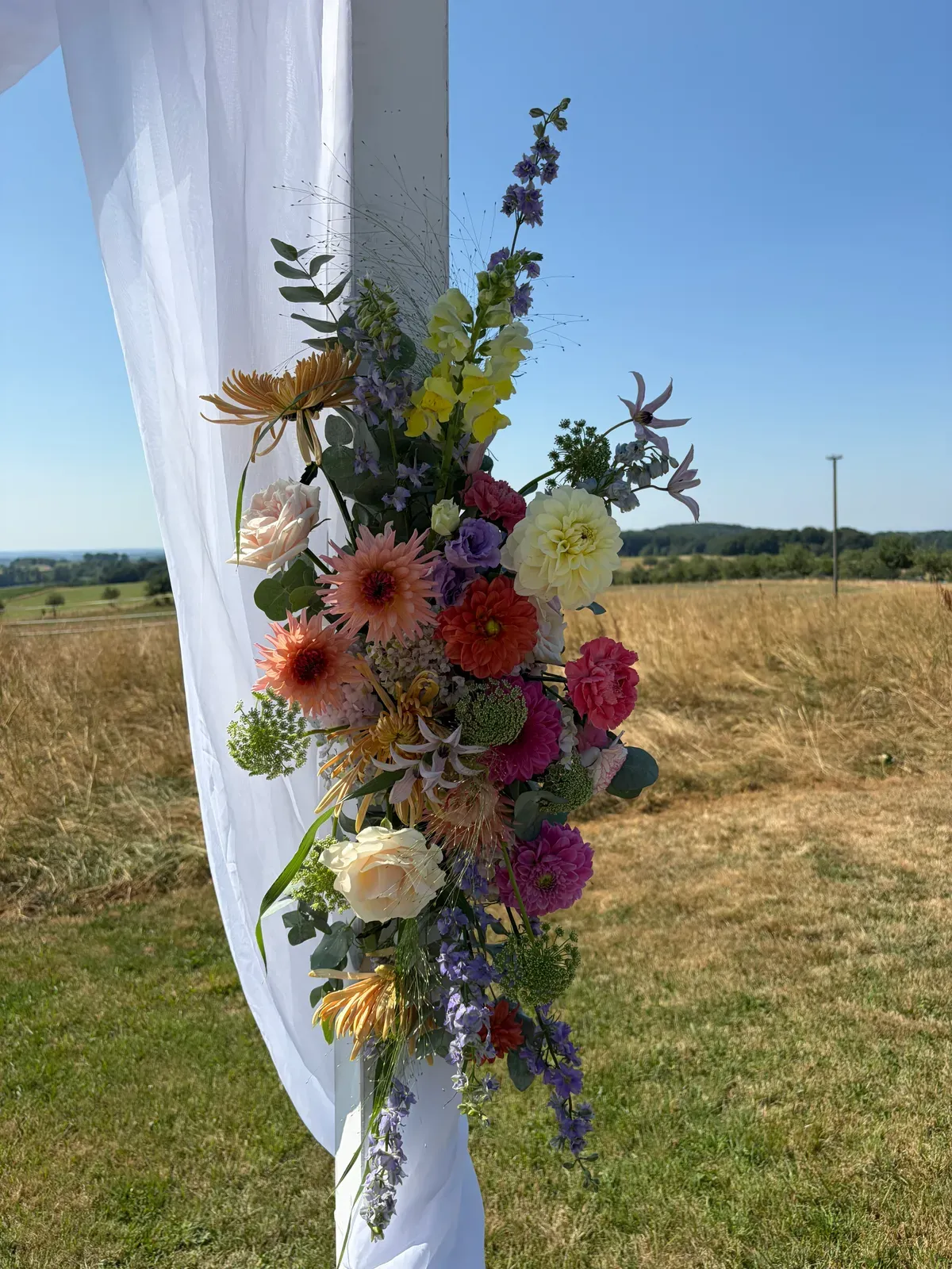 Traubogen mit hellen Blüten und Stoffbahnen